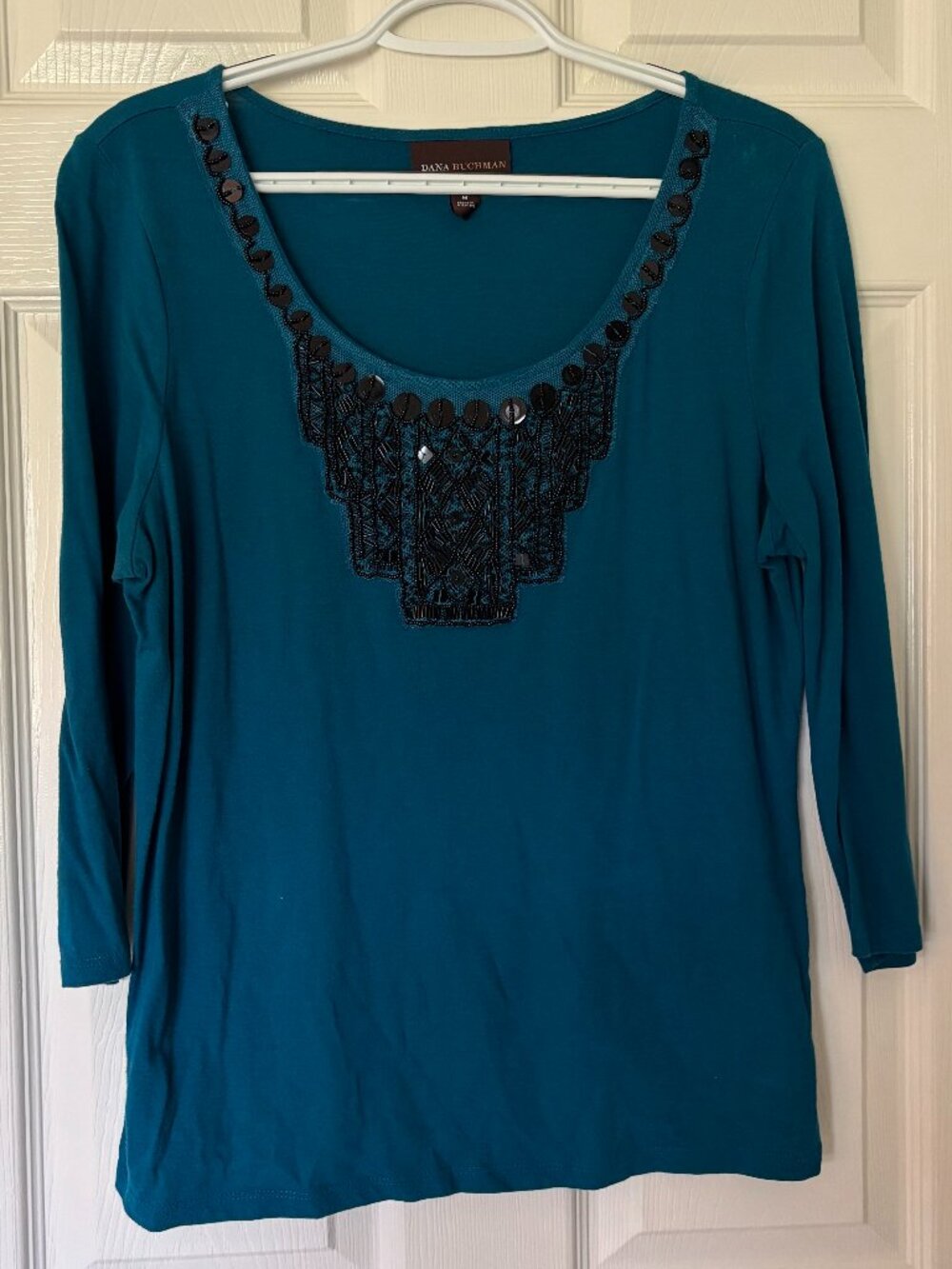 Dana Buchman Blue Top w/Black Beaded Accent | MEDIUM | Soft and Comfortable!